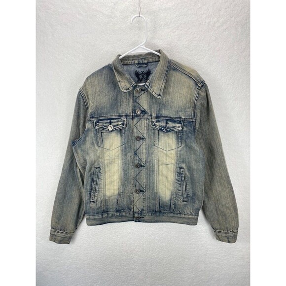 FUSAI Jean Jacket Men’s Size M Blue Distressed Stretch Denim Button Front - Picture 1 of 8